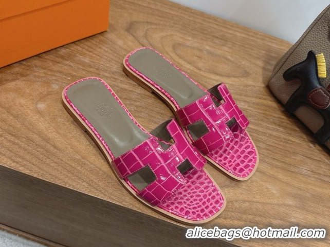 Best Grade Hermes Oran Classic Flat Slides Sandal in Crocodile Embossed Leather Dark Pink 0304070