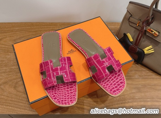 Best Grade Hermes Oran Classic Flat Slides Sandal in Crocodile Embossed Leather Dark Pink 0304070