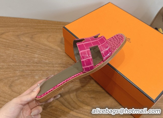 Best Grade Hermes Oran Classic Flat Slides Sandal in Crocodile Embossed Leather Dark Pink 0304070
