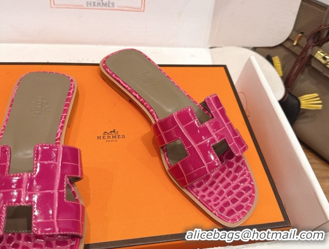 Best Grade Hermes Oran Classic Flat Slides Sandal in Crocodile Embossed Leather Dark Pink 0304070