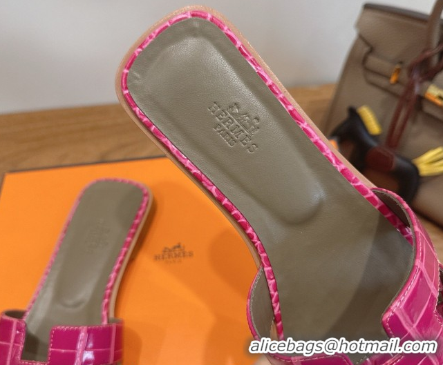 Best Grade Hermes Oran Classic Flat Slides Sandal in Crocodile Embossed Leather Dark Pink 0304070