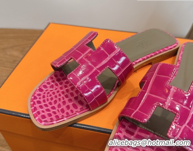 Best Grade Hermes Oran Classic Flat Slides Sandal in Crocodile Embossed Leather Dark Pink 0304070
