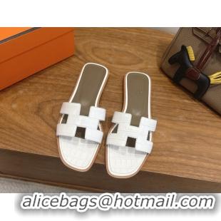 Duplicate Hermes Oran Classic Flat Slides Sandal in Crocodile Embossed Leather White 0304071
