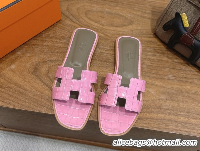 Hot Style Hermes Oran Classic Flat Slides Sandal in Crocodile Embossed Leather Pink 0304072