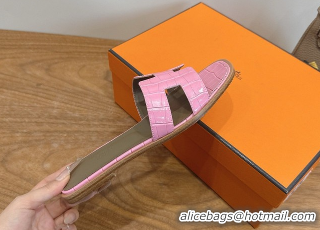 Hot Style Hermes Oran Classic Flat Slides Sandal in Crocodile Embossed Leather Pink 0304072