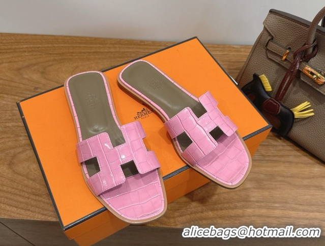 Hot Style Hermes Oran Classic Flat Slides Sandal in Crocodile Embossed Leather Pink 0304072