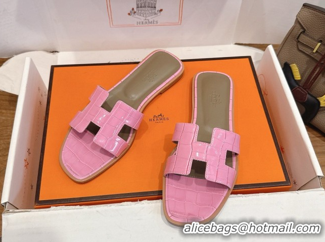 Hot Style Hermes Oran Classic Flat Slides Sandal in Crocodile Embossed Leather Pink 0304072