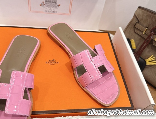Hot Style Hermes Oran Classic Flat Slides Sandal in Crocodile Embossed Leather Pink 0304072
