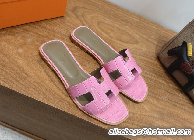 Hot Style Hermes Oran Classic Flat Slides Sandal in Crocodile Embossed Leather Pink 0304072