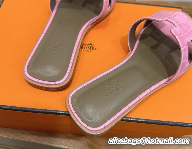 Hot Style Hermes Oran Classic Flat Slides Sandal in Crocodile Embossed Leather Pink 0304072