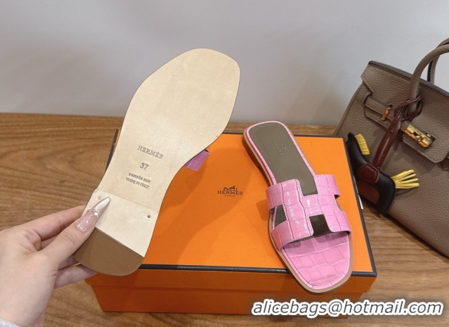 Hot Style Hermes Oran Classic Flat Slides Sandal in Crocodile Embossed Leather Pink 0304072
