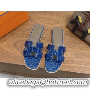 Stylish Hermes Oran Classic Flat Slides Sandal in Crocodile Embossed Leather Blue 0304073