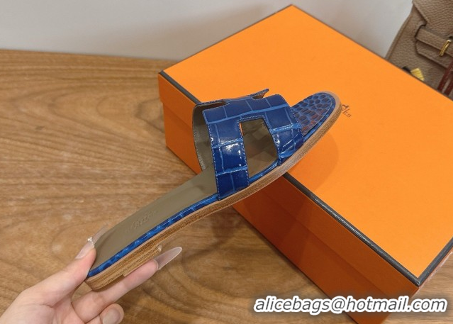 Stylish Hermes Oran Classic Flat Slides Sandal in Crocodile Embossed Leather Blue 0304073