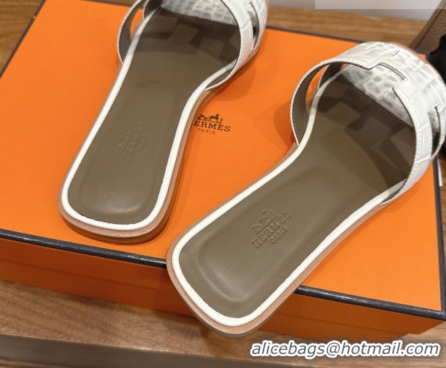 Classic Hot Hermes Oran Classic Flat Slides Sandal in Crocodile Embossed Leather White/Grey 0304074