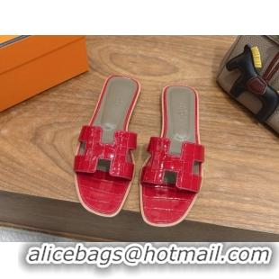 Good Product Hermes Oran Classic Flat Slides Sandal in Crocodile Embossed Leather Red 0304076