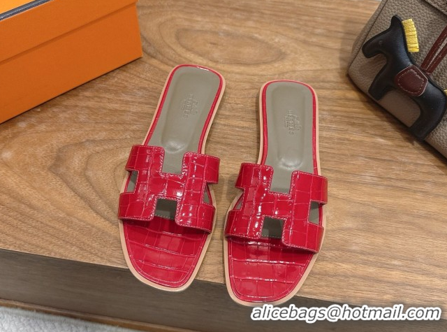 Good Product Hermes Oran Classic Flat Slides Sandal in Crocodile Embossed Leather Red 0304076