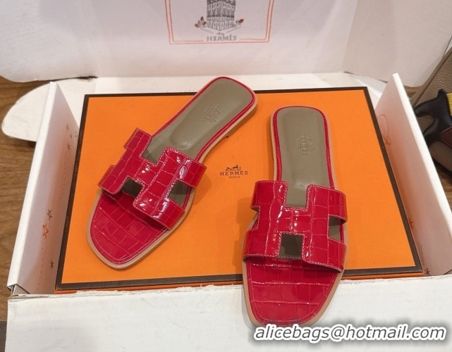 Good Product Hermes Oran Classic Flat Slides Sandal in Crocodile Embossed Leather Red 0304076