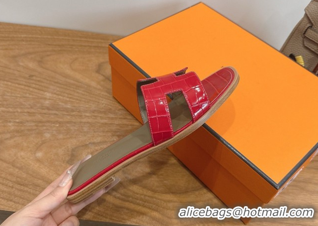 Good Product Hermes Oran Classic Flat Slides Sandal in Crocodile Embossed Leather Red 0304076