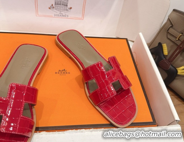 Good Product Hermes Oran Classic Flat Slides Sandal in Crocodile Embossed Leather Red 0304076