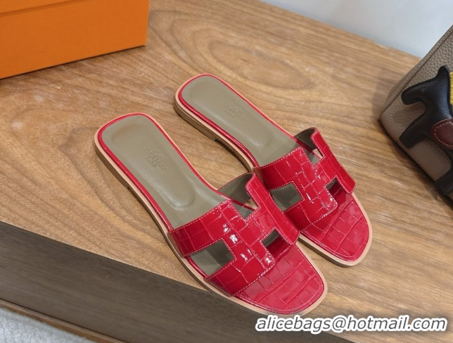 Good Product Hermes Oran Classic Flat Slides Sandal in Crocodile Embossed Leather Red 0304076