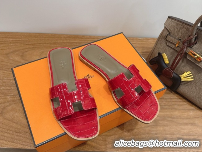 Good Product Hermes Oran Classic Flat Slides Sandal in Crocodile Embossed Leather Red 0304076
