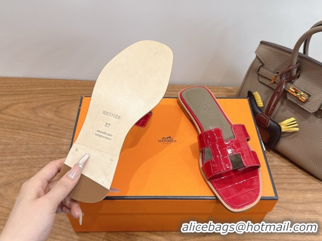 Good Product Hermes Oran Classic Flat Slides Sandal in Crocodile Embossed Leather Red 0304076