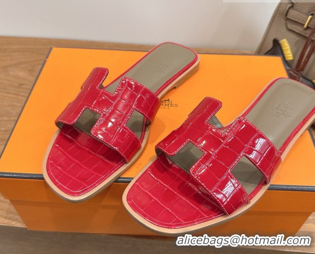 Good Product Hermes Oran Classic Flat Slides Sandal in Crocodile Embossed Leather Red 0304076