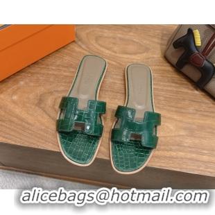 Low Price Hermes Oran Classic Flat Slides Sandal in Crocodile Embossed Leather Dark Green 0304075