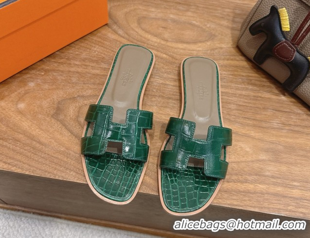 Low Price Hermes Oran Classic Flat Slides Sandal in Crocodile Embossed Leather Dark Green 0304075