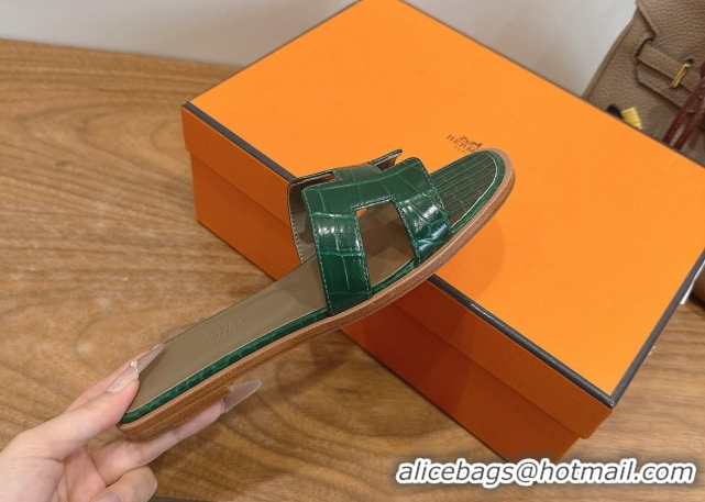Low Price Hermes Oran Classic Flat Slides Sandal in Crocodile Embossed Leather Dark Green 0304075