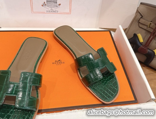 Low Price Hermes Oran Classic Flat Slides Sandal in Crocodile Embossed Leather Dark Green 0304075