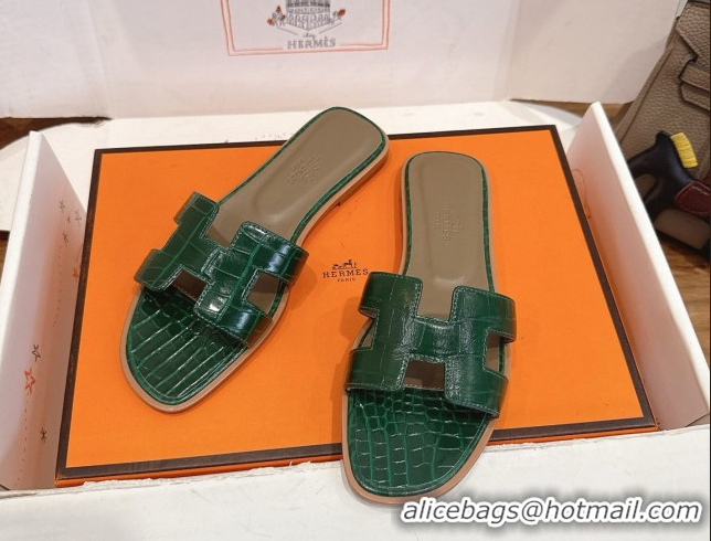 Low Price Hermes Oran Classic Flat Slides Sandal in Crocodile Embossed Leather Dark Green 0304075