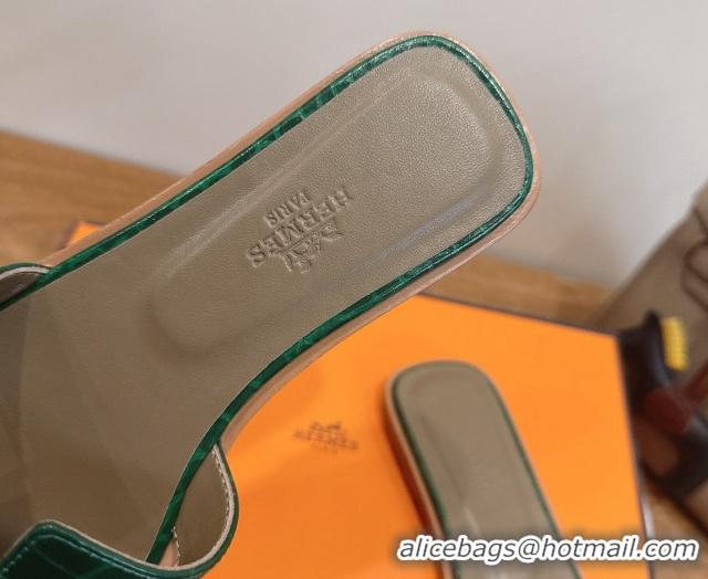 Low Price Hermes Oran Classic Flat Slides Sandal in Crocodile Embossed Leather Dark Green 0304075