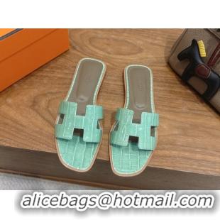 Buy Luxury Hermes Oran Classic Flat Slides Sandal in Crocodile Embossed Leather Light Green 0304076