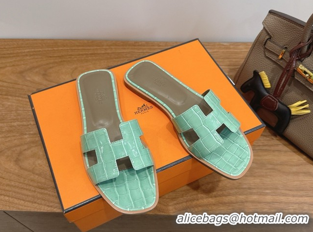 Buy Luxury Hermes Oran Classic Flat Slides Sandal in Crocodile Embossed Leather Light Green 0304076
