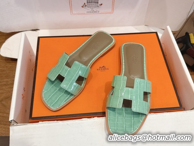 Buy Luxury Hermes Oran Classic Flat Slides Sandal in Crocodile Embossed Leather Light Green 0304076