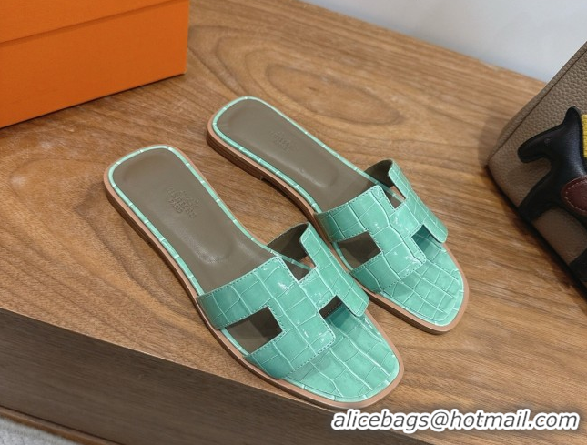 Buy Luxury Hermes Oran Classic Flat Slides Sandal in Crocodile Embossed Leather Light Green 0304076