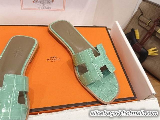 Buy Luxury Hermes Oran Classic Flat Slides Sandal in Crocodile Embossed Leather Light Green 0304076