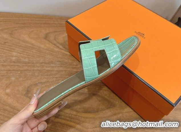Buy Luxury Hermes Oran Classic Flat Slides Sandal in Crocodile Embossed Leather Light Green 0304076