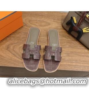 Grade Hermes Oran Classic Flat Slides Sandal in Crocodile Embossed Leather Chocolate 0304078