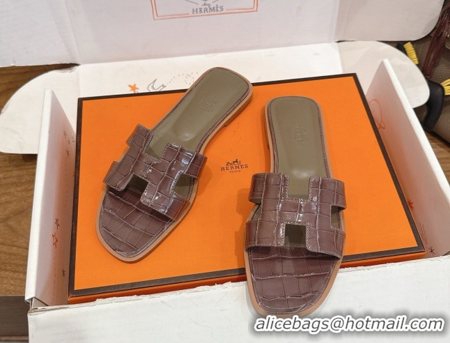 Grade Hermes Oran Classic Flat Slides Sandal in Crocodile Embossed Leather Chocolate 0304078