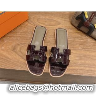 Perfect Hermes Oran Classic Flat Slides Sandal in Crocodile Embossed Leather Dark Burgundy 0304079