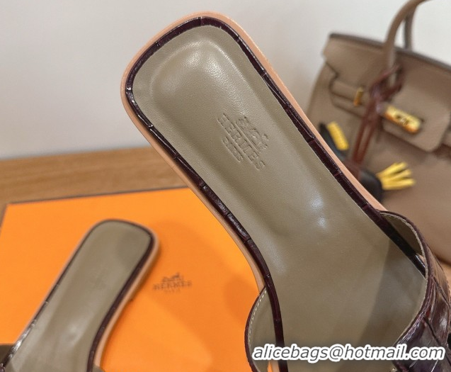 Perfect Hermes Oran Classic Flat Slides Sandal in Crocodile Embossed Leather Dark Burgundy 0304079