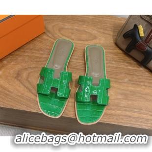 Low Cost Hermes Oran Classic Flat Slides Sandal in Crocodile Embossed Leather Green 0304080