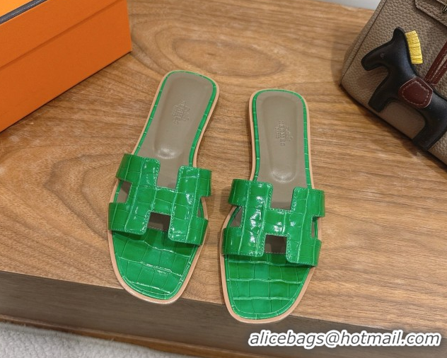 Low Cost Hermes Oran Classic Flat Slides Sandal in Crocodile Embossed Leather Green 0304080