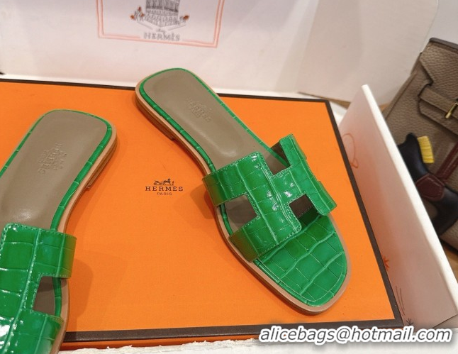 Low Cost Hermes Oran Classic Flat Slides Sandal in Crocodile Embossed Leather Green 0304080