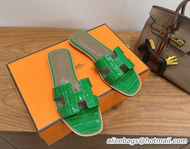 Low Cost Hermes Oran Classic Flat Slides Sandal in Crocodile Embossed Leather Green 0304080