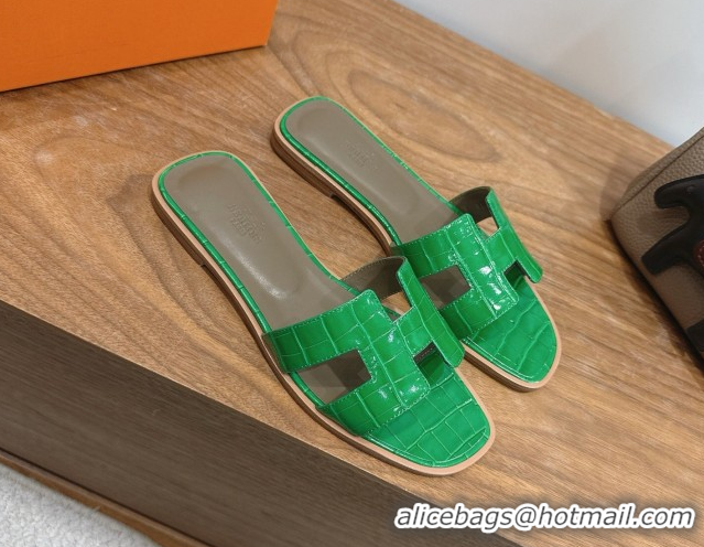 Low Cost Hermes Oran Classic Flat Slides Sandal in Crocodile Embossed Leather Green 0304080