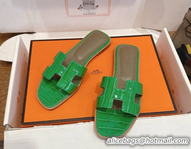 Low Cost Hermes Oran Classic Flat Slides Sandal in Crocodile Embossed Leather Green 0304080