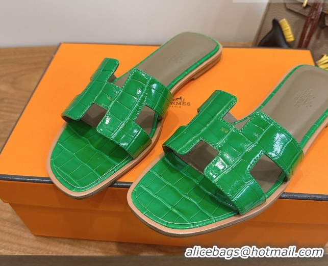 Low Cost Hermes Oran Classic Flat Slides Sandal in Crocodile Embossed Leather Green 0304080